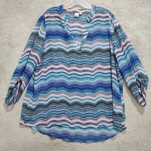 Bongo Plus Blouse Women's 2X Multicolor Boho Striped Geometric Flowy Lightweight